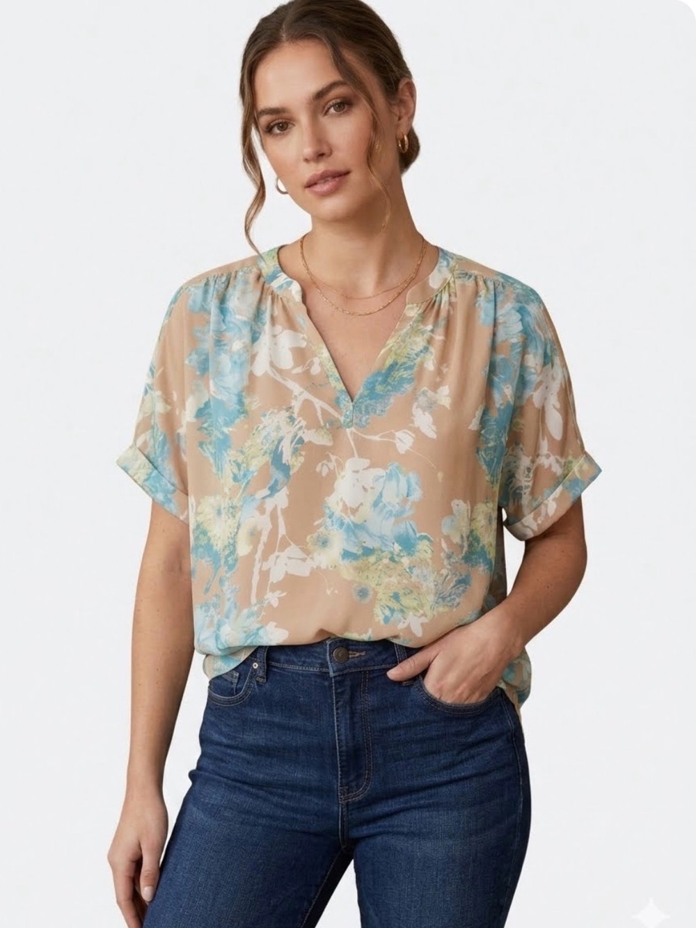 Worthington Beige Floral V-Neck Blouse with Blue Accents